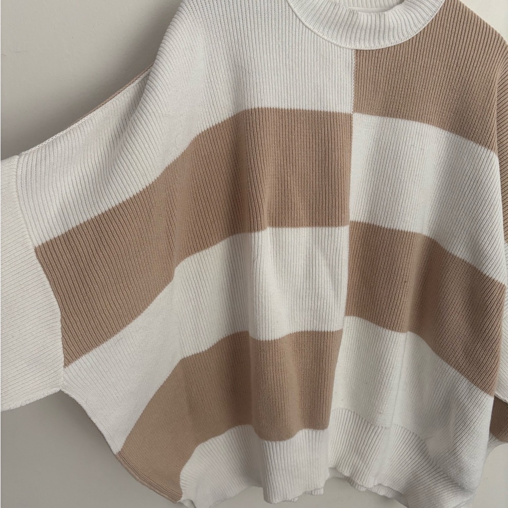 Free People Easy Street Cream Tan Checkerboard Knit Sweater Women’s Medium EUC - Picture 3 of 6